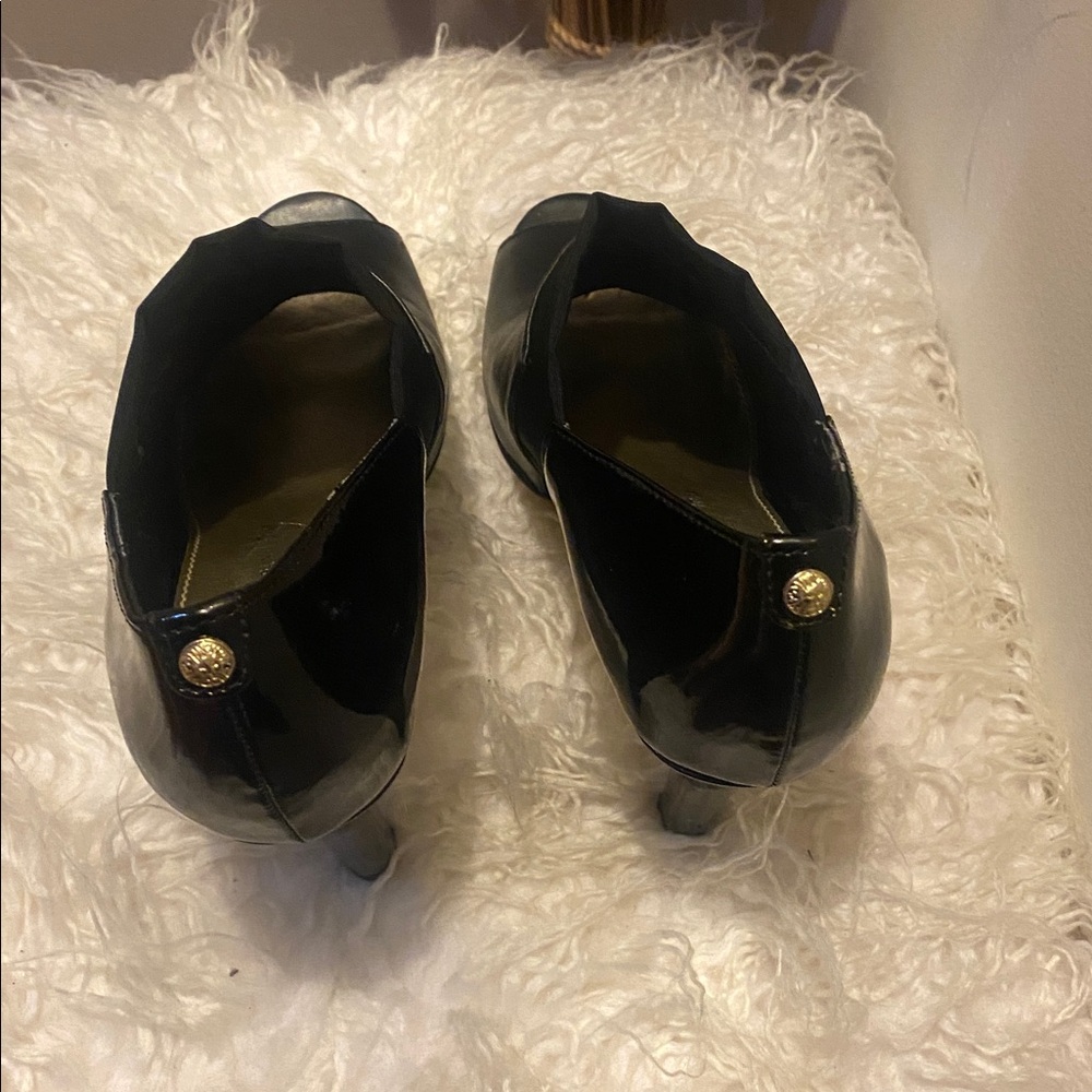 Black Patent Leather Heels with Gold Button